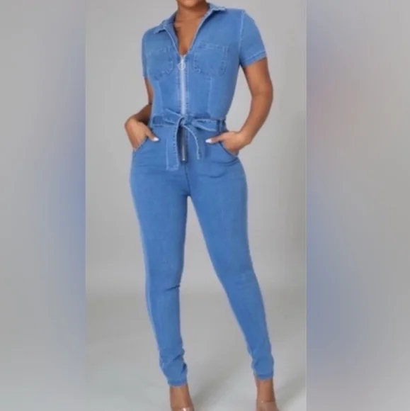 Haute Monde Blue Denim Jumpsuit with Front Zipper - Picture 1 of 9